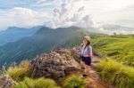 Girl Tourist Scenic Mountains Stock Photo