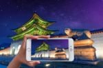 Hand Holding Smart Phone Take A Photo Atgyeongbokgung Palace And Milky Way Stock Photo