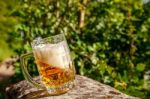 Glass Mug With Beer Standing On The Big Stone Stock Photo