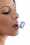 Side View Of Female Drinking Water Stock Photo