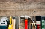 Carpentry Tools Equipment On Grain Wood On Top View Stock Photo