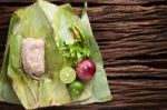 Nham Sour Pork In Banana Leaves Thai Food Stock Photo