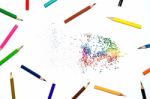 Color Pencil And Pencil On White Background Stock Photo