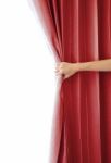 female hand Opening Curtain Stock Photo