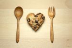 Heart Chocolate Chip Cookie On Wood Table Stock Photo