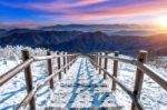 Beautiful Sunrise And Staircase On Deogyusan Mountains Covered With Snow In Winter,south Korea Stock Photo