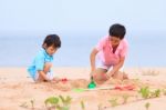 Young Brothers Play On Beach Stock Photo