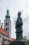 Saint John Of Nepomuk Statue In Cesky Krumlov Stock Photo