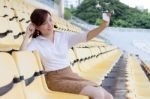 Portrait Of Thai Adult Businesswoman Beautiful Girl Using Her Smart Phone Selfie Stock Photo