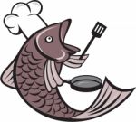 Fish Chef Cook Holding Spatula Frying Pan Cartoon Stock Photo