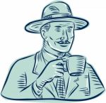 Man Fedora Hat Drinking Coffee Etching Stock Photo