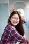 Portrait Of Thai Teen Glasses Beautiful Girl Relax And Smile Stock Photo