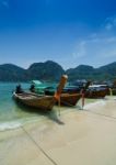 Long Tail Boats At Phi Phi Leh Island, Phuket, Thailand Stock Photo