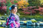 Asian Woman Wearing Japanese Traditional Kimono In Autumn Park. Japan Stock Photo