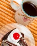 Black Forest Cake Indicates Coffee Break And Beverages Stock Photo