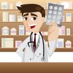 Cartoon Pharmacist With Pack Of Medicine Stock Photo