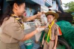 Student 9-10 Years Old, Welcome To Boy Scout Camp In Bangkok Thailand Stock Photo