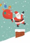 Santa Claus With Red Big Bag Jumping In The Chimney Stock Photo