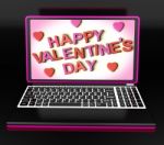 Happy Valentine's Day On Laptop Showing Celebrating Love Stock Photo