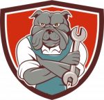 Bulldog Mechanic Arms Crossed Spanner Crest Cartoon Stock Photo