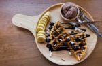 Delicious Sweet Dessert : Homemade Waffle With Chocolate Sauce , Stock Photo