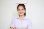 Asia Thai High School Student Uniform Beautiful Girl Read A Book Stock Photo