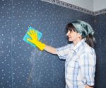 Woman Washes A Tile In The Bathroom Stock Photo