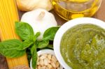 Italian Traditional Basil Pesto Pasta Ingredients Stock Photo