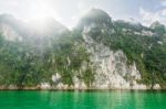 Beautiful Green River And Mountains Stock Photo