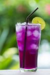 Butterfly Pea Juice With Lemon Stock Photo