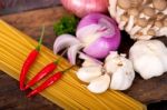 Italian Pasta And Mushroom Sauce Ingredients Stock Photo