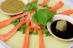 Crab Stick Meal, Decorate Crab Stick In Green Plate Japanese Foo Stock Photo