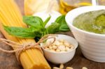 Italian Traditional Basil Pesto Pasta Ingredients Stock Photo