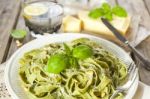 Homemade Spinach Pasta With Pesto And Parmesan Cheese Stock Photo