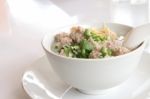 Pork Congee And Fried Garlic On Morning Table Stock Photo