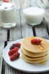 Stack Of Delicious Pancakes With Fresh Fruits Stock Photo