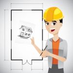 Cartoon Architect Sketching House Stock Photo