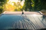 Water Drops On Bronze Car - Car Wash Stock Photo