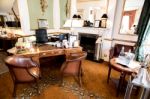 Hotel  Lobby With A Reception Desk Stock Photo