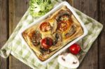 Quiche Lorraine With Chicken, Mushrooms, Broccoli And Tomatoes Stock Photo