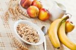 Bowl Of Muesli For Breakfast With Fruits Stock Photo