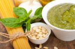 Italian Traditional Basil Pesto Pasta Ingredients Stock Photo