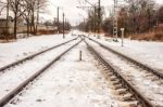 Railway Receding Into The Distance In The Winter Stock Photo