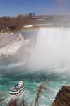 Very Beautiful Background Of The Niagara Falls, Rainbow And A Ship Stock Photo