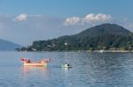 Rowing Boat Pulling A Traditional Boat On Lake Maggiore Piedmont Stock Photo