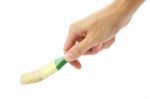 Hand Hold Green Handler Brush Painting On White Background Stock Photo