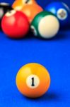 Billiard Balls In A Blue Pool Table Stock Photo