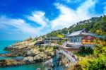 Haedong Yonggungsa Temple And Haeundae Sea In Busan, South Korea Stock Photo