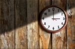 Clock On Old Wall Wooden Stock Photo