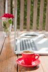 Hot Coffee Cup On Wooden Work Station Stock Photo